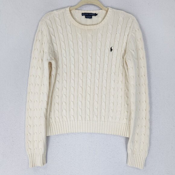 Ralph Lauren Sweaters - Ralph Lauren Sweater Womens Large Cream Vintage Cable Knit Small Pony Crew Neck